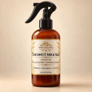 Simply Natu-Real Alchemy Coconut Milk Silk Leave-In Detangling Conditioner 8 oz amber spray bottle on a warm beige background.
