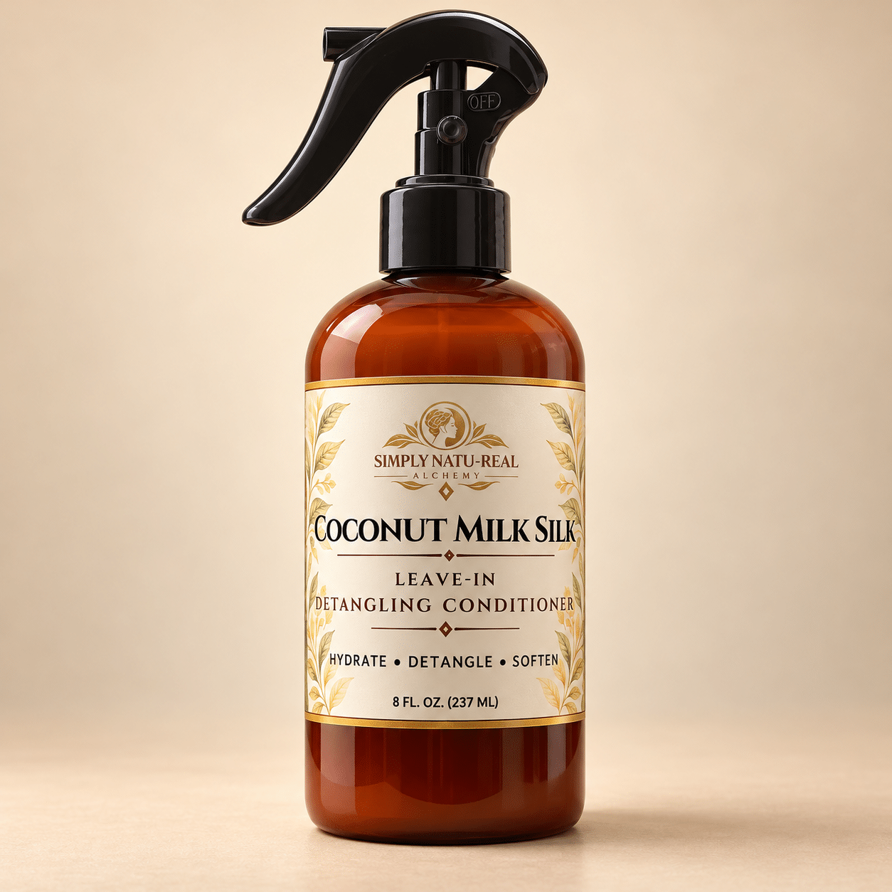 Simply Natu-Real Alchemy Coconut Milk Silk Leave-In Detangling Conditioner 8 oz amber spray bottle on a warm beige background.