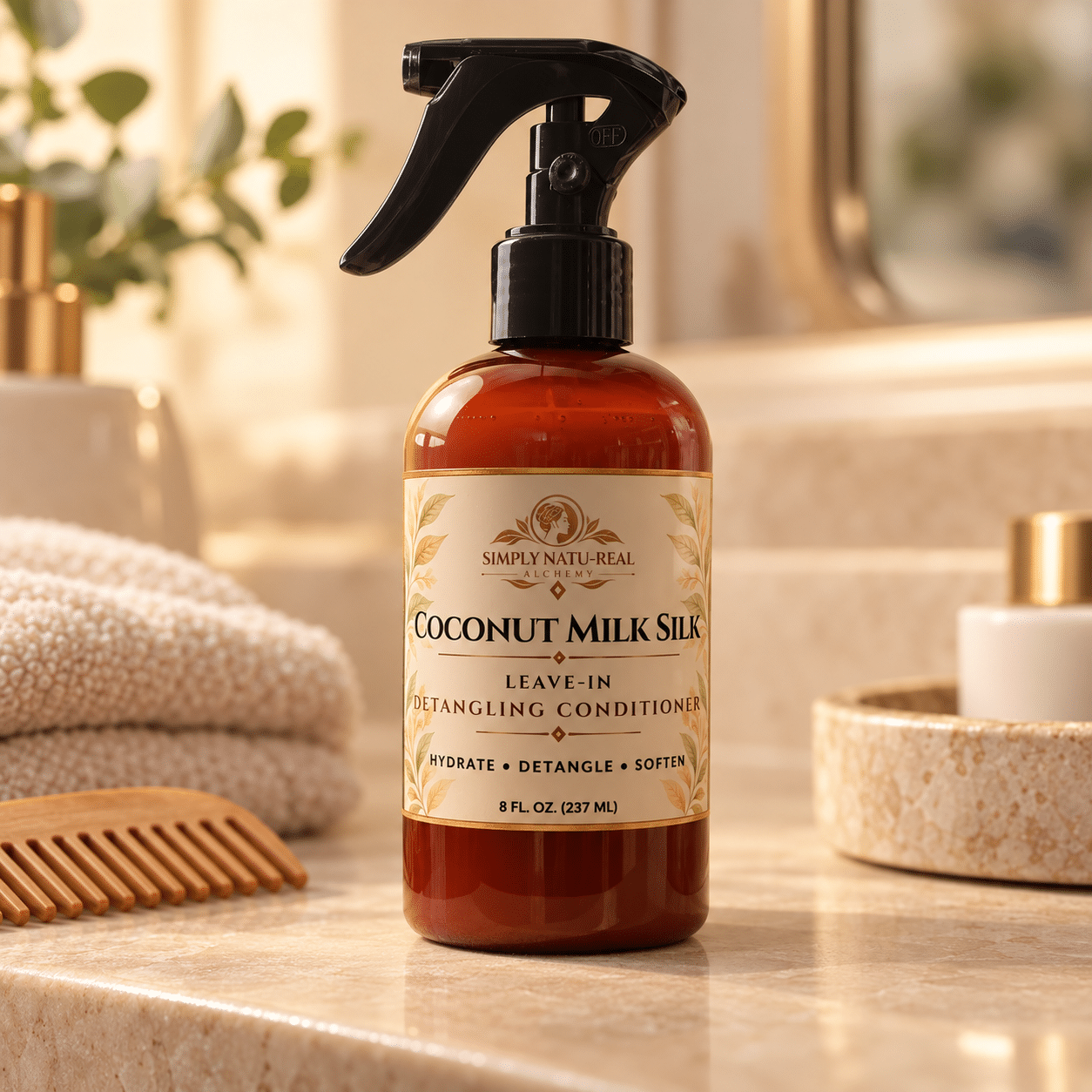 Coconut Milk Silk Leave-In Conditioner with coconut, tropical leaves, and white flowers in a natural spa setting