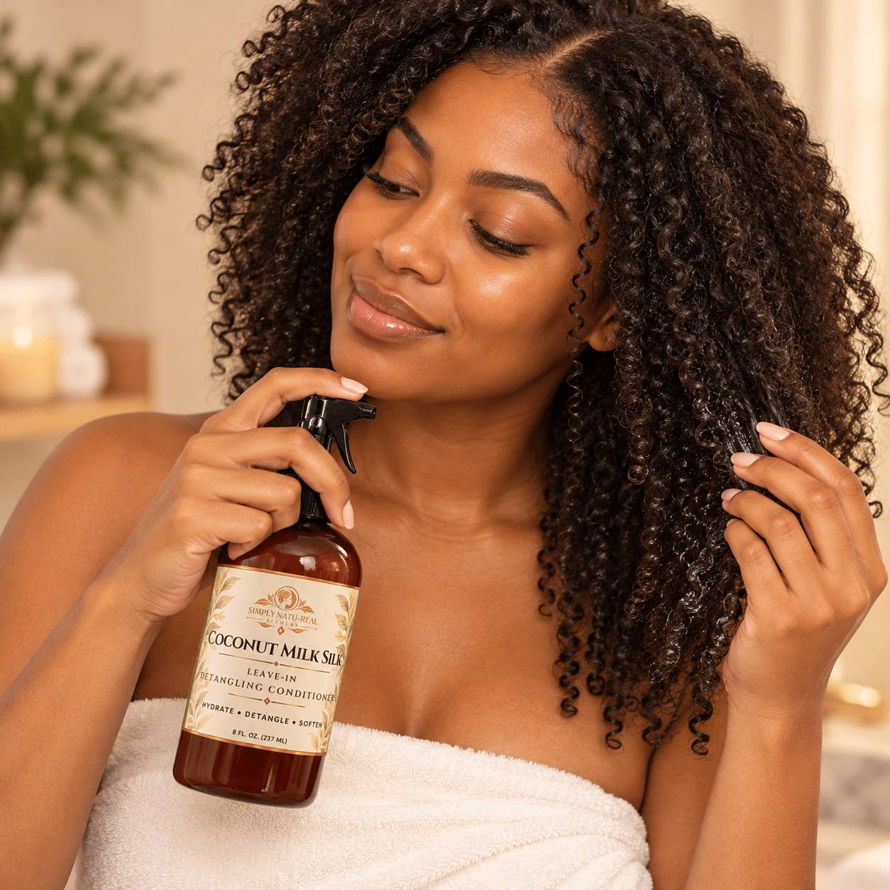 Woman with natural curly hair applying Simply Natu-Real Alchemy Coconut Milk Silk Leave-In Detangling Conditioner, 8 oz, while gently separating and moisturizing her curls.