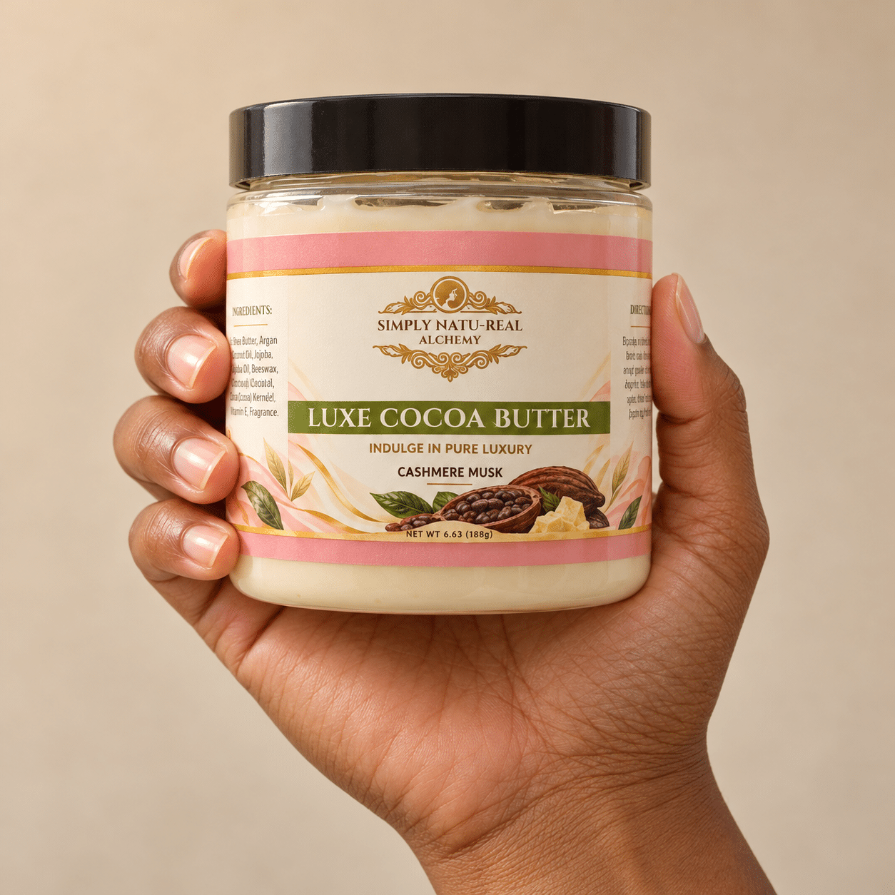 A hand holding Simply Natu-Real Alchemy Luxe Cocoa Butter in Cashmere Musk with the label facing forward against a warm beige background.