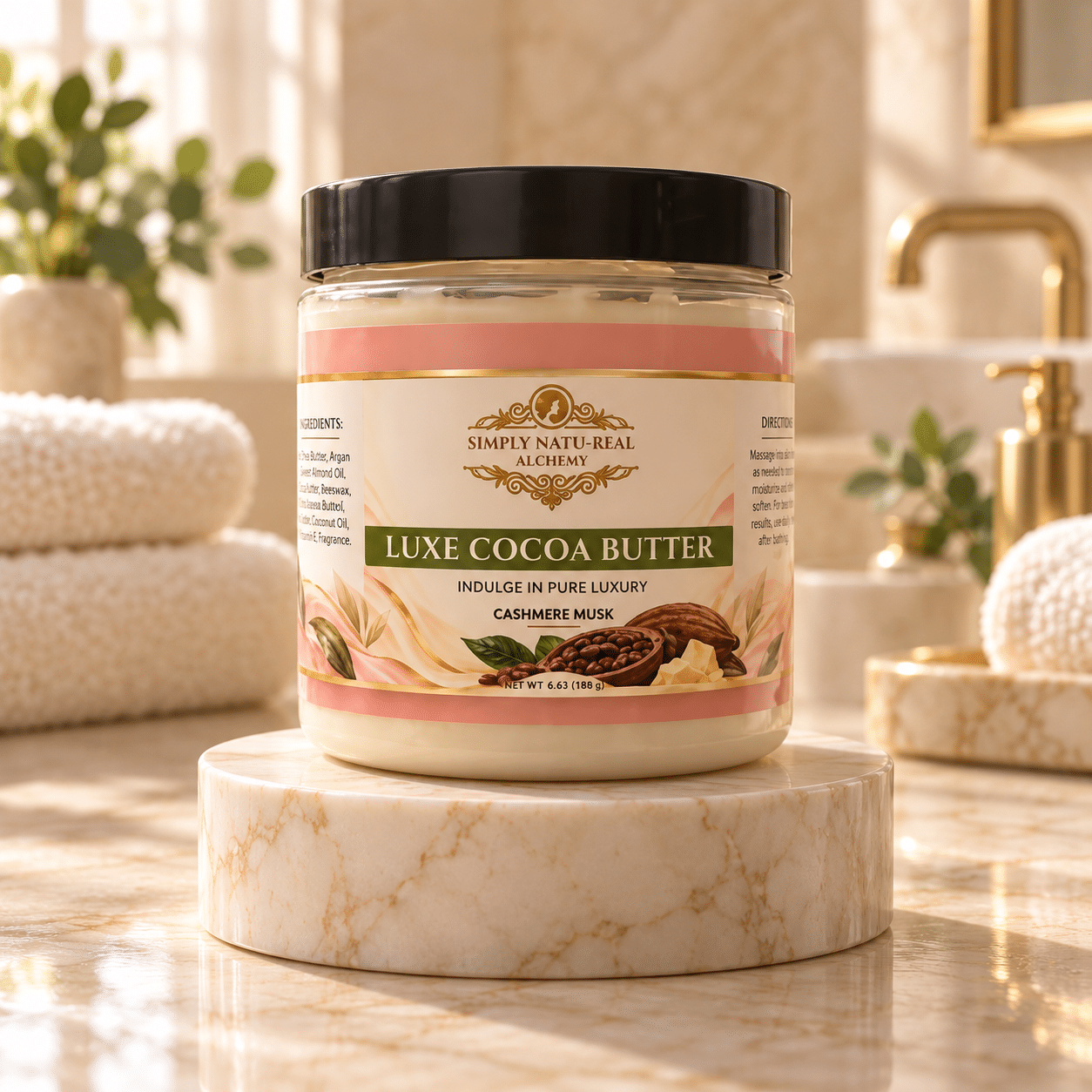 Simply Natu-Real Alchemy Luxe Cocoa Butter in Cashmere Musk on a marble pedestal in a bathroom spa setting with cream towels and gold fixtures.