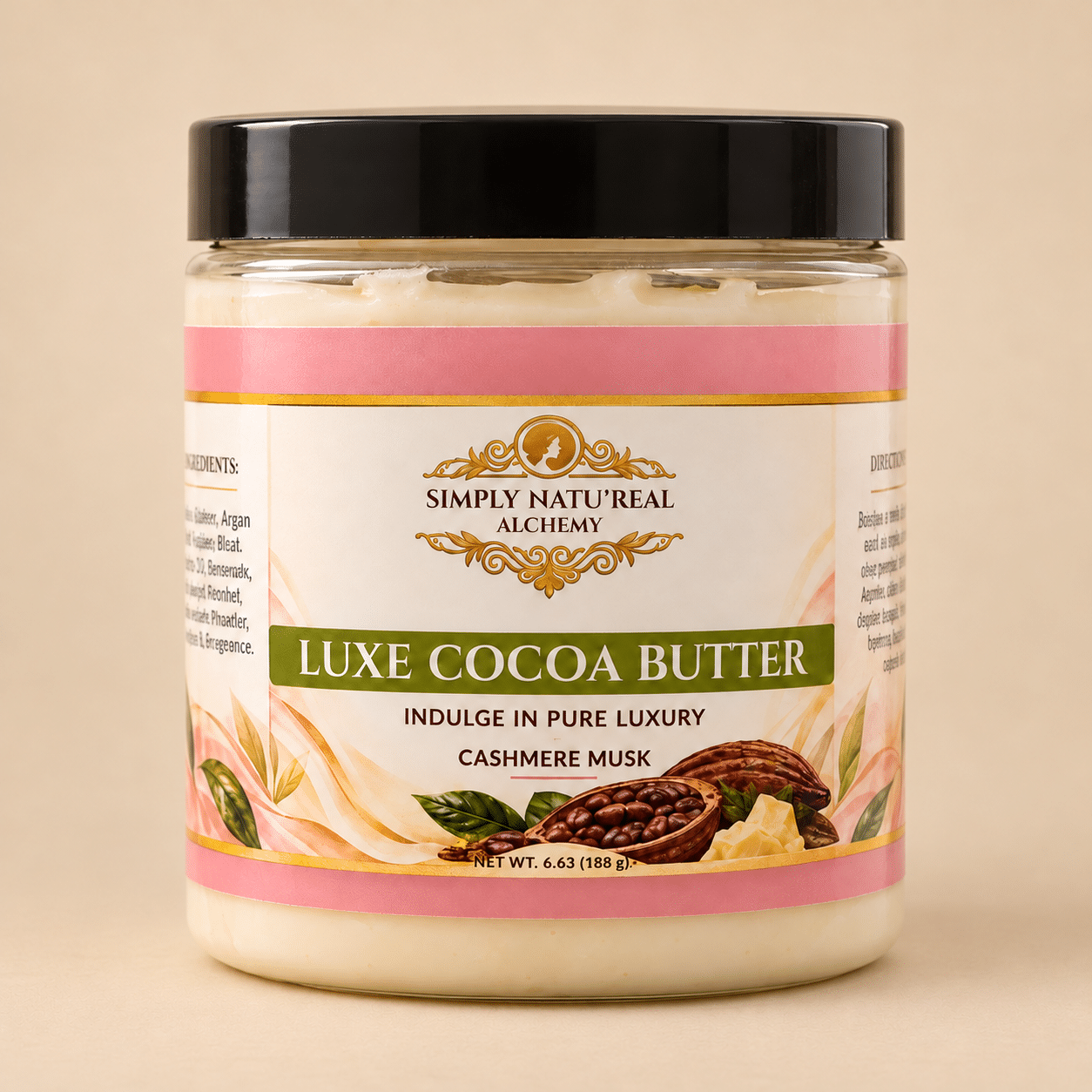 Simply Natu-Real Alchemy Luxe Cocoa Butter in Cashmere Musk on a warm beige background.