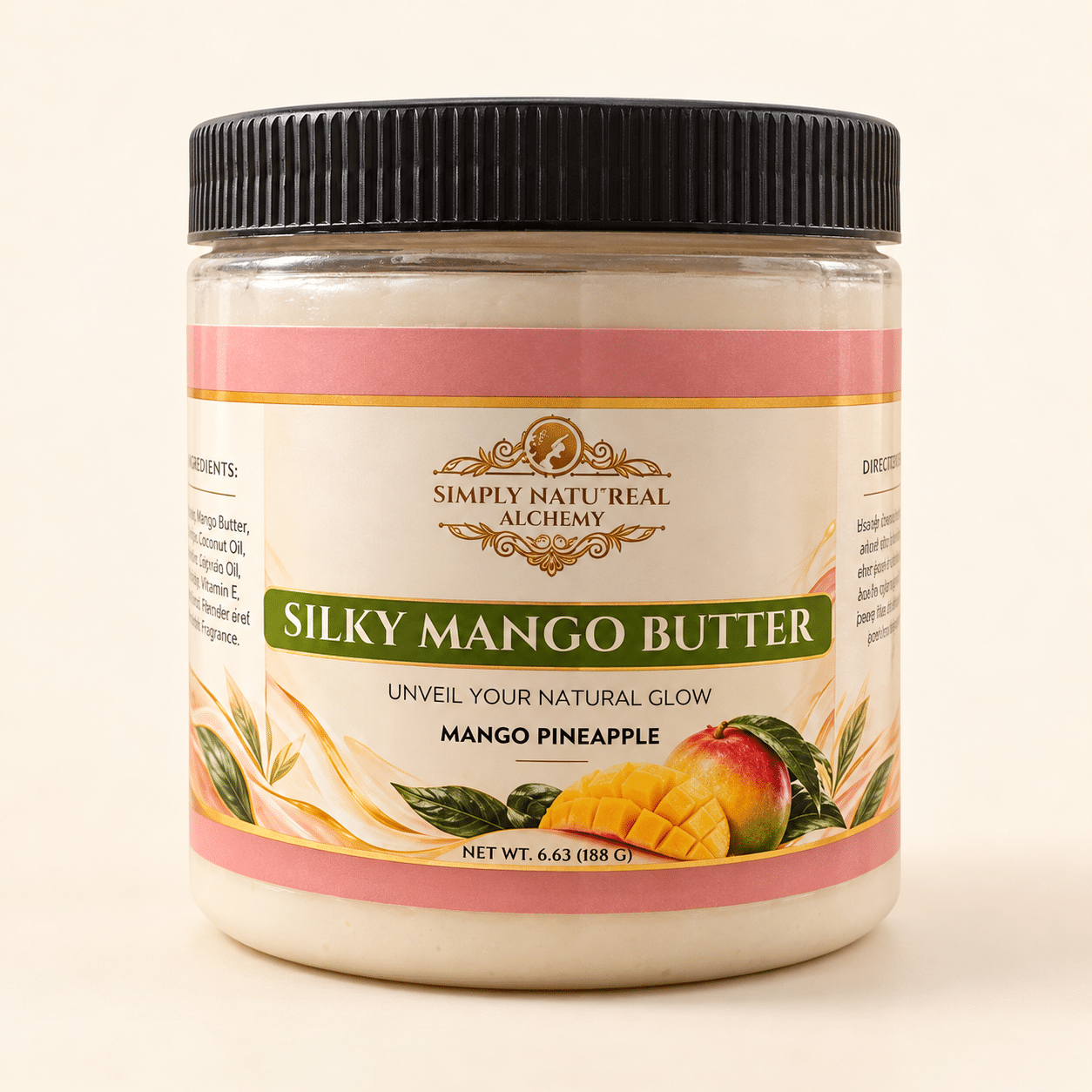 Simply Natu-Real Alchemy Silky Mango Butter jar with Mango Pineapple label on a warm cream background.
