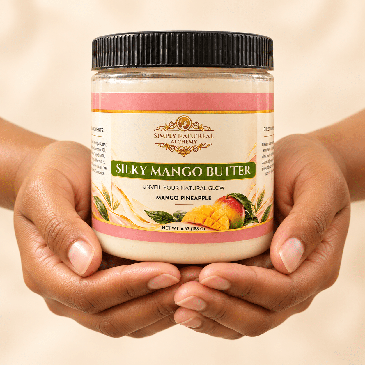Two hands holding a jar of Simply Natu-Real Alchemy Silky Mango Butter with the label facing forward.