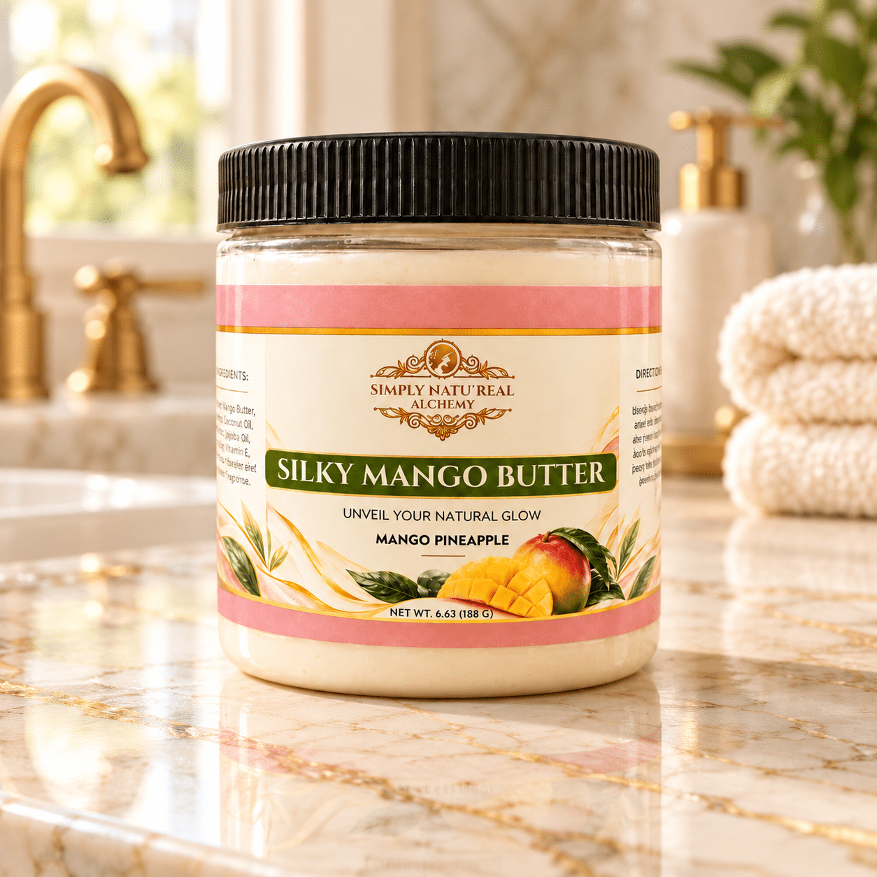Simply Natu-Real Alchemy Silky Mango Butter on an ivory marble bathroom counter beside cream towels and gold fixtures.