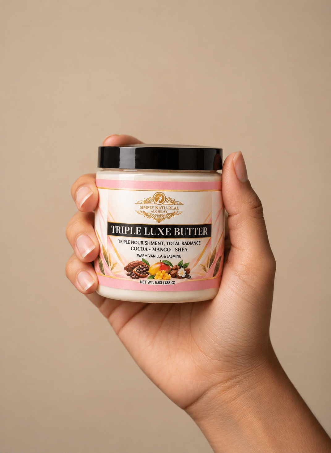 A hand holding Simply Natu-Real Alchemy Triple Luxe Butter with the label facing forward against a beige background