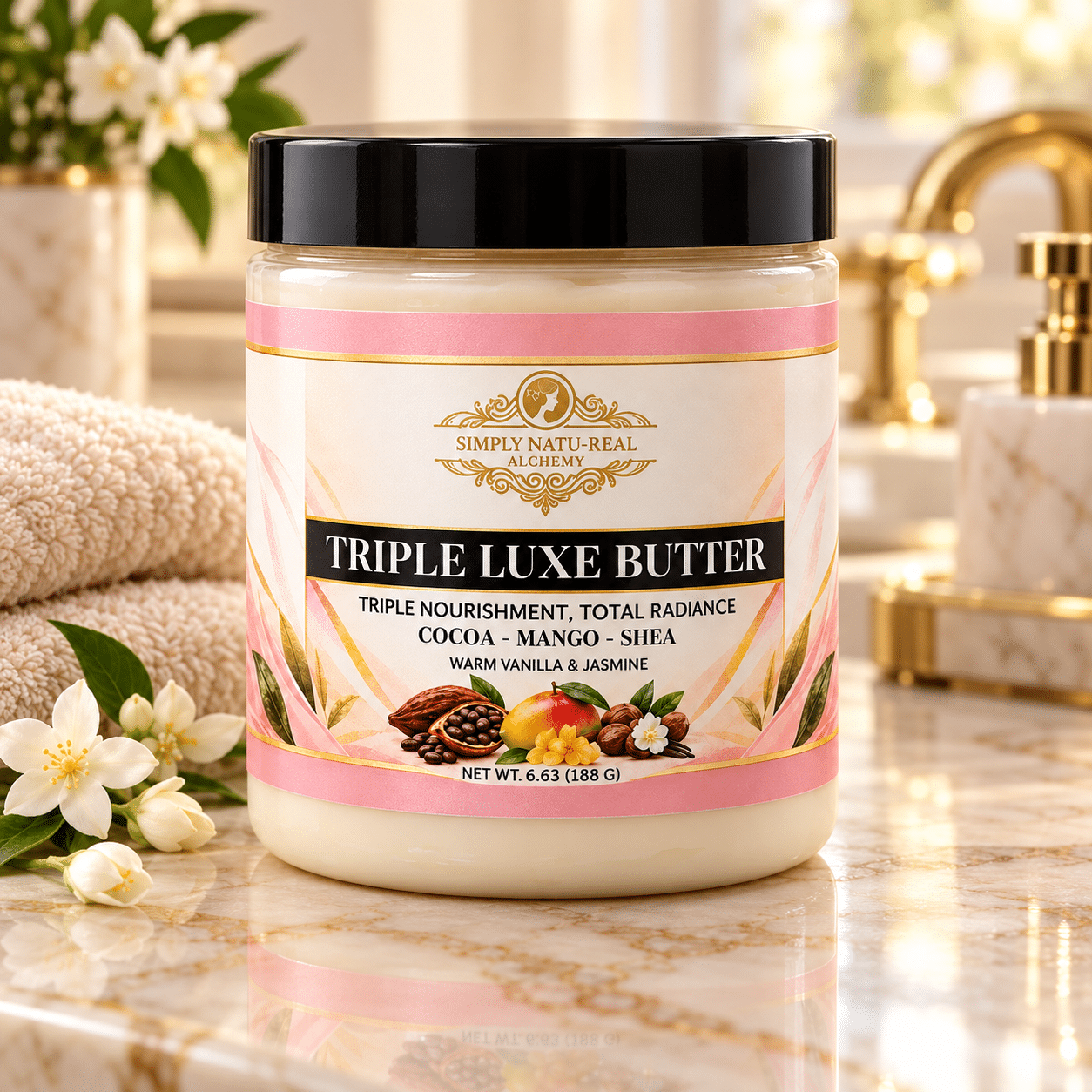 Simply Natu-Real Alchemy Triple Luxe Butter on a marble bathroom counter beside jasmine flowers and folded towels.