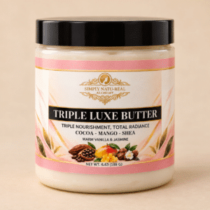 Simply Natu-Real Alchemy Triple Luxe Butter jar in Warm Vanilla & Jasmine on a warm beige background.