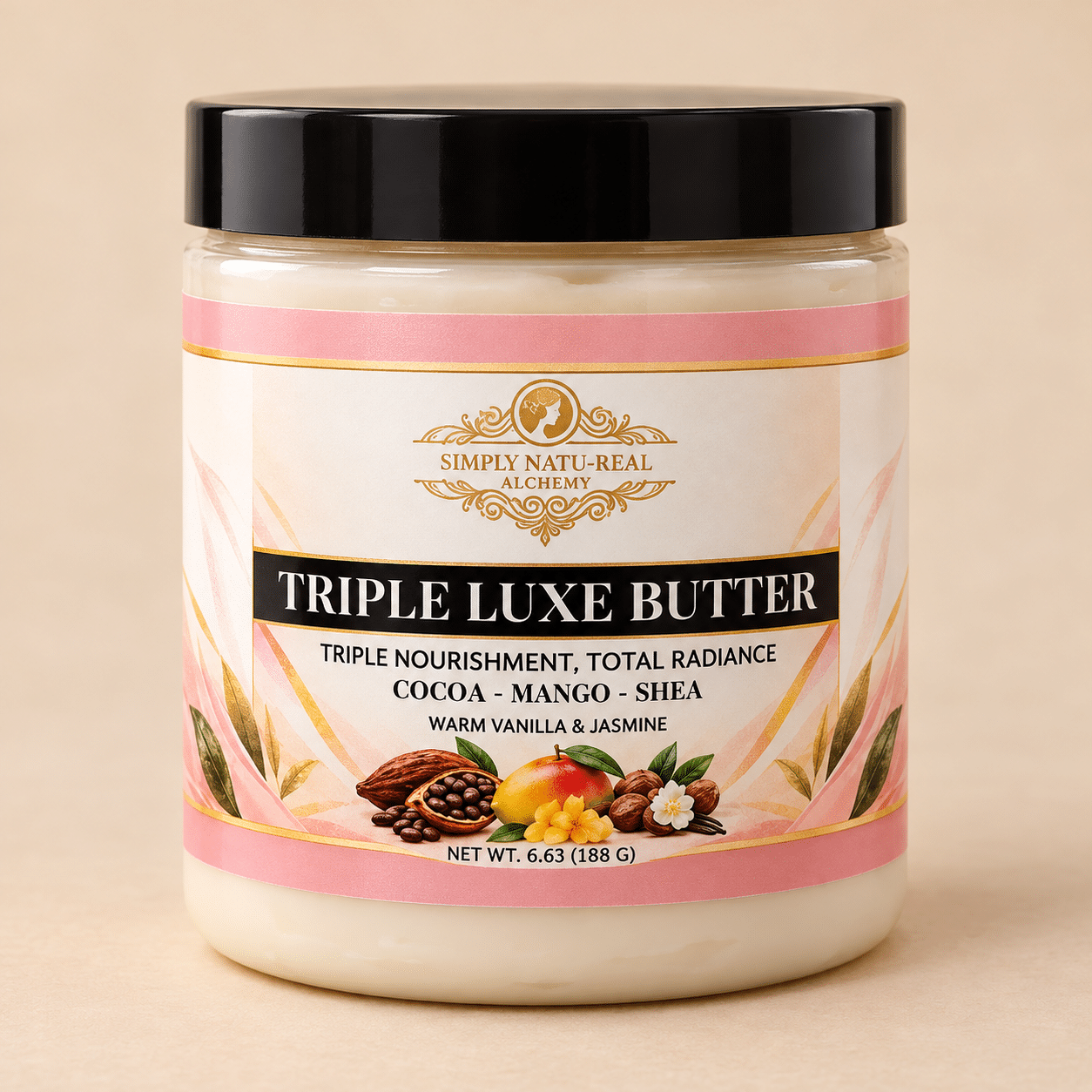 Simply Natu-Real Alchemy Triple Luxe Butter jar in Warm Vanilla & Jasmine on a warm beige background.