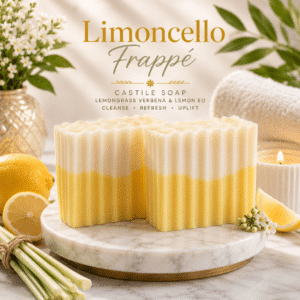 Limoncello Frappé Castile soap bars with yellow and white layers on a marble spa pedestal