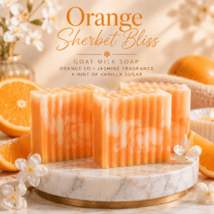 Orange Sherbet Bliss goat milk soap bars with orange and cream swirls on a marble spa pedestal