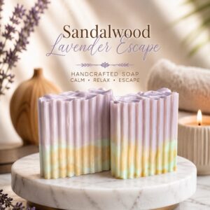 Sandalwood Lavender Escape goat milk soap bars with lavender, sage, cream, and gold swirls on a marble spa pedestal