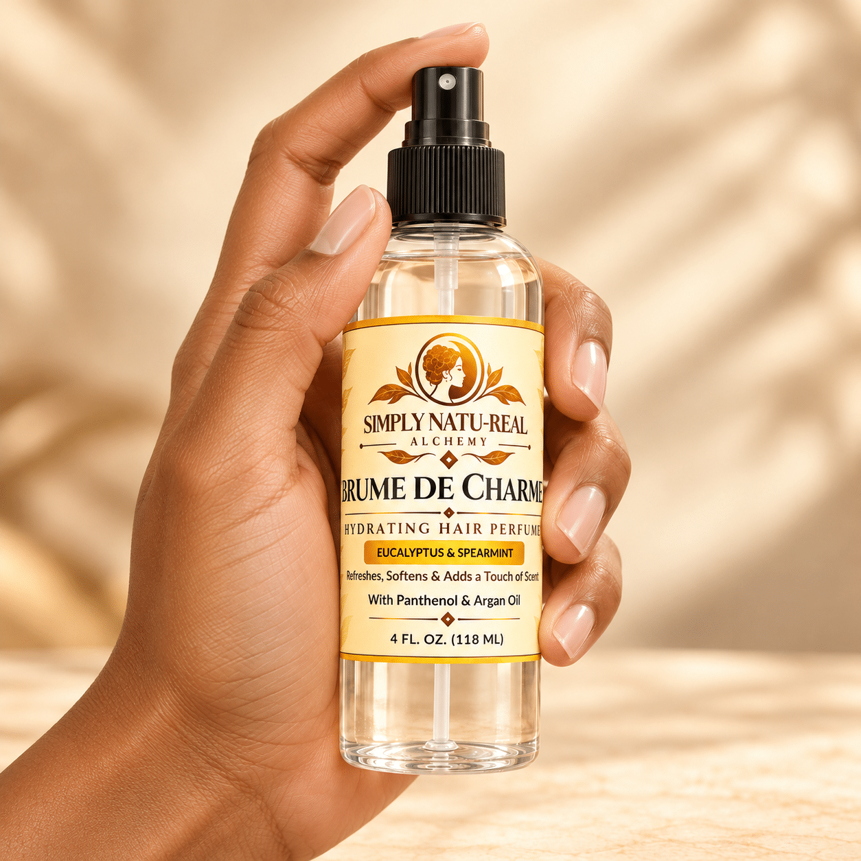 Hand holding Simply Natu-Real Alchemy Hydrating Hair Perfume spray bottle