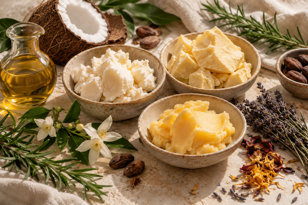 Coconut, natural butters, botanical oil, herbs, and flowers